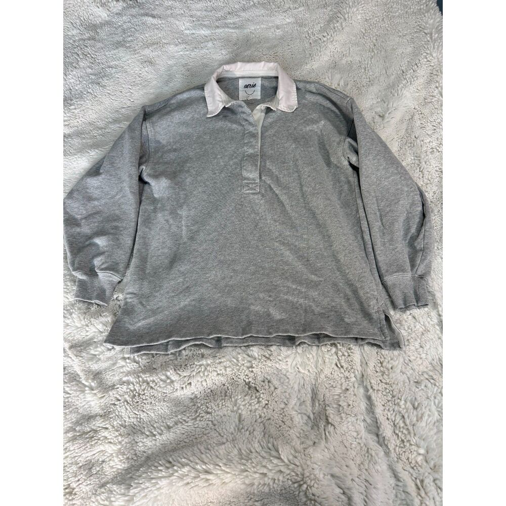Aerie Gray Polo Sweatshirt XS White Collared Pullover Preppy